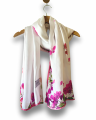 Bougainvillea Blanc Floral Silk Scarf – Elegant White & Pink Lightweight