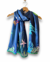 Midnight Reef Ocean Print Silk Scarf – Navy Blue Lightweight