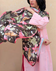 Noir Fleur Floral Silk Scarf – Elegant Black & Pink Lightweight