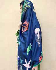 Midnight Reef Ocean Print Silk Scarf – Navy Blue Lightweight