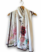 Velvet Petal Floral Silk Scarf – Elegant Ivory & Rose Lightweight