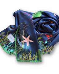 Midnight Reef Ocean Print Silk Scarf – Navy Blue Lightweight