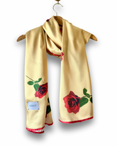 Golden Rose Floral Silk Scarf – Elegant Cream & Red Lightweight