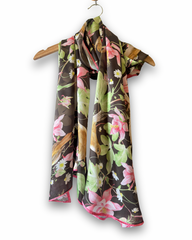 Noir Fleur Floral Silk Scarf – Elegant Black & Pink Lightweight