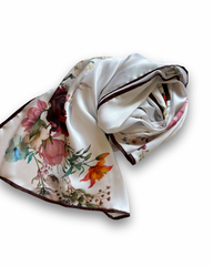 Velvet Petal Floral Silk Scarf – Elegant Ivory & Rose Lightweight