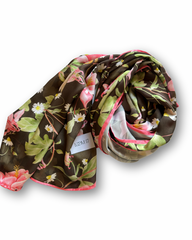 Noir Fleur Floral Silk Scarf – Elegant Black & Pink Lightweight