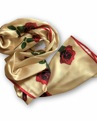 Golden Rose Floral Silk Scarf – Elegant Cream & Red Lightweight