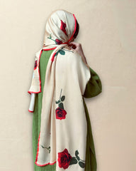 Golden Rose Floral Silk Scarf – Elegant Cream & Red Lightweight