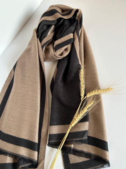 The Reversible Camel & Charcoal Stole ( Finish: Double-Faced / Two-Sided |Raw Edge )